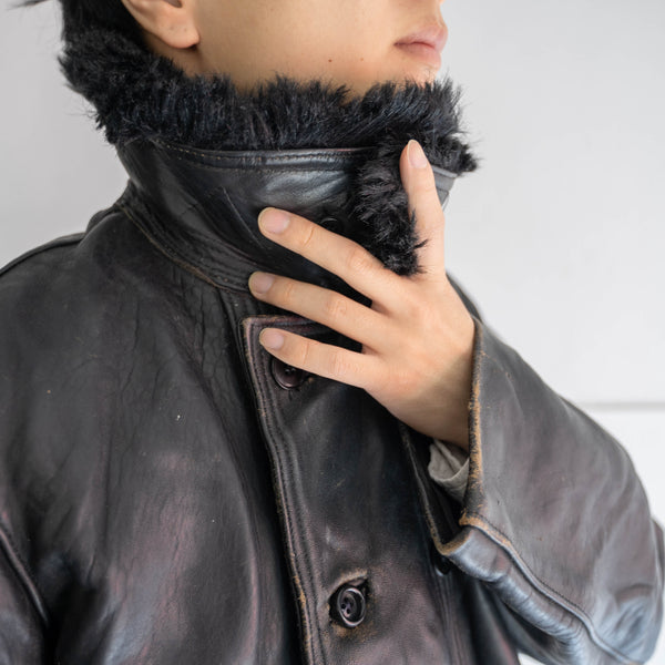 around 1970s France black corbusier leather jacket -with fur-
