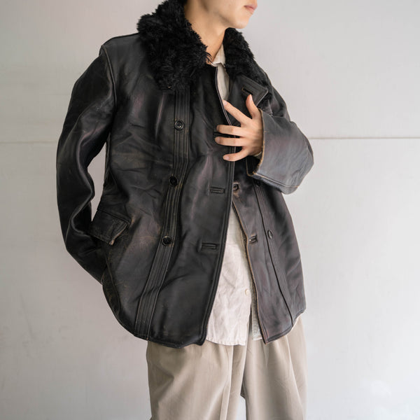 around 1970s France black corbusier leather jacket -with fur-