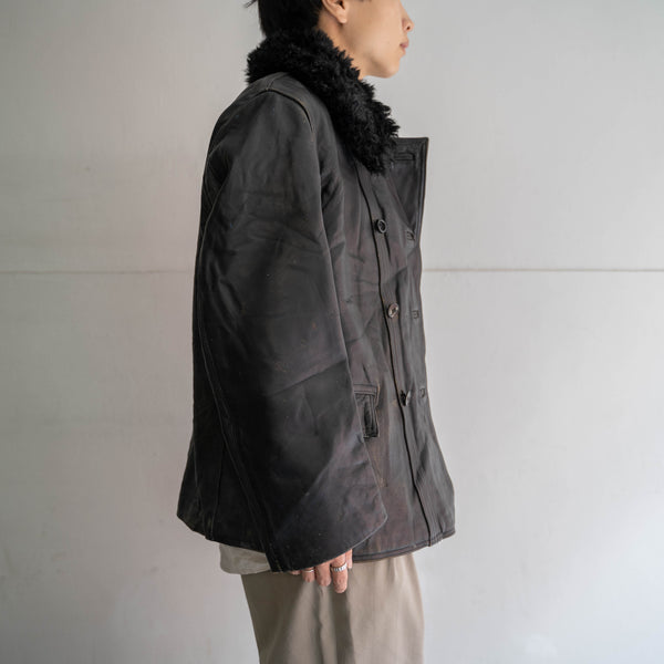 around 1970s France black corbusier leather jacket -with fur-
