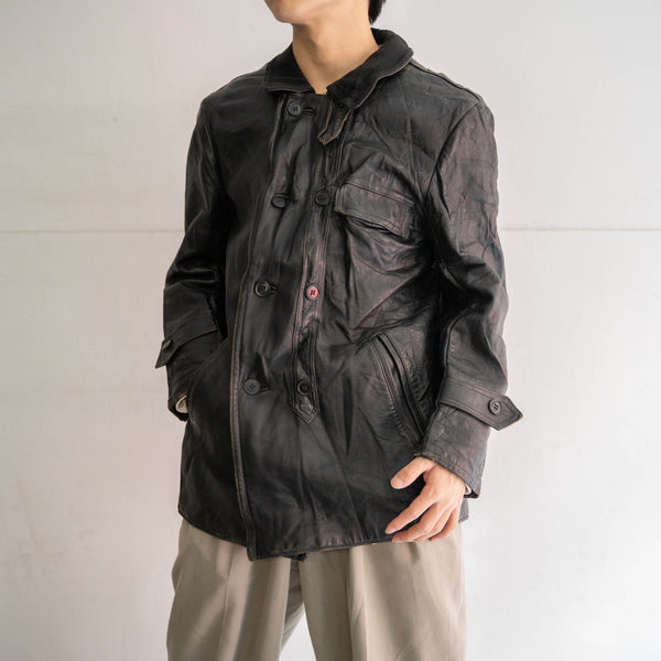 around 1970s France black corbusier leather jacket -wool collar-