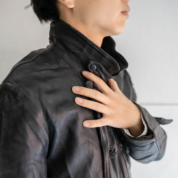 around 1970s France black corbusier leather jacket -wool collar-