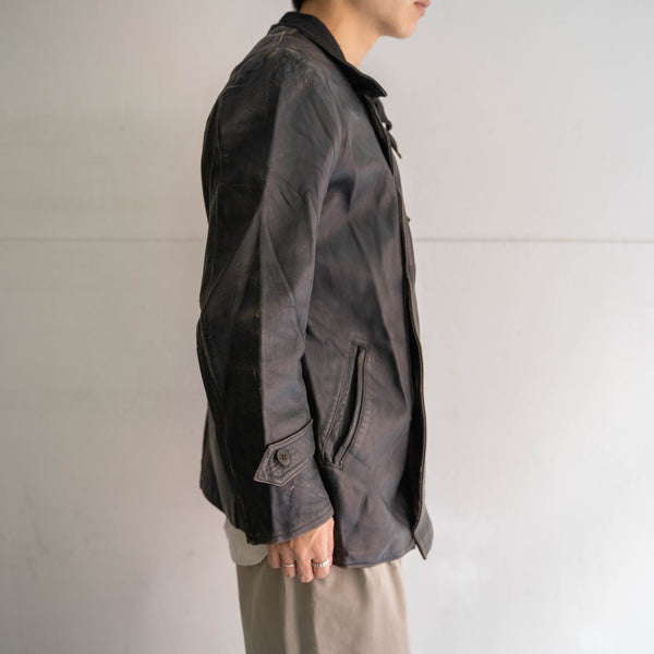 around 1970s France black corbusier leather jacket -wool collar-