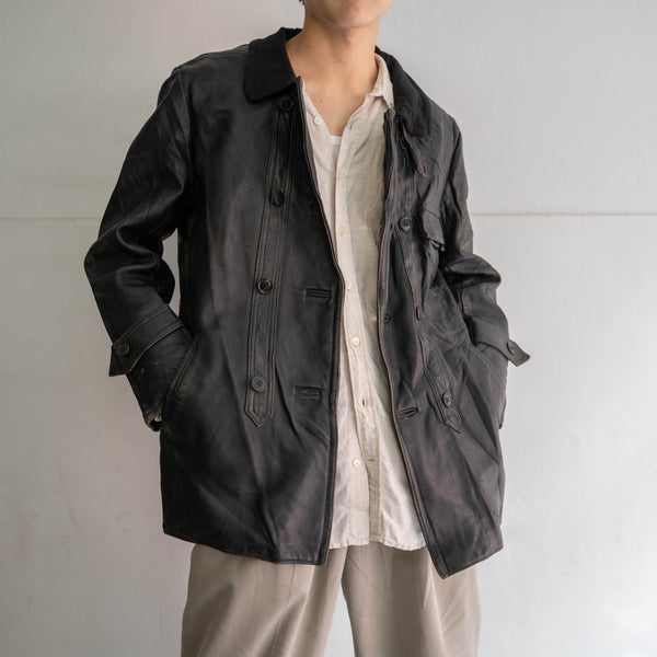 around 1970s France black corbusier leather jacket -wool collar-