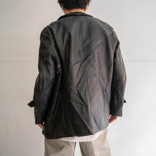 around 1970s France black corbusier leather jacket -wool collar-