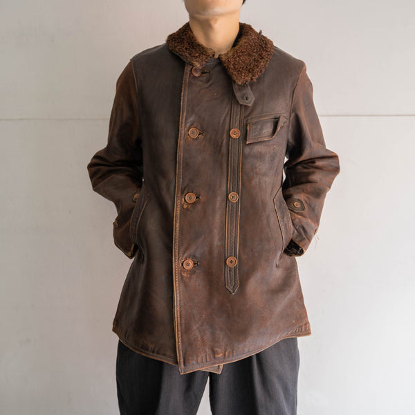 1940s France brown corbusier leather jacket -with fur-