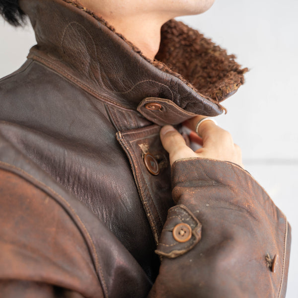 1940s France brown corbusier leather jacket -with fur-