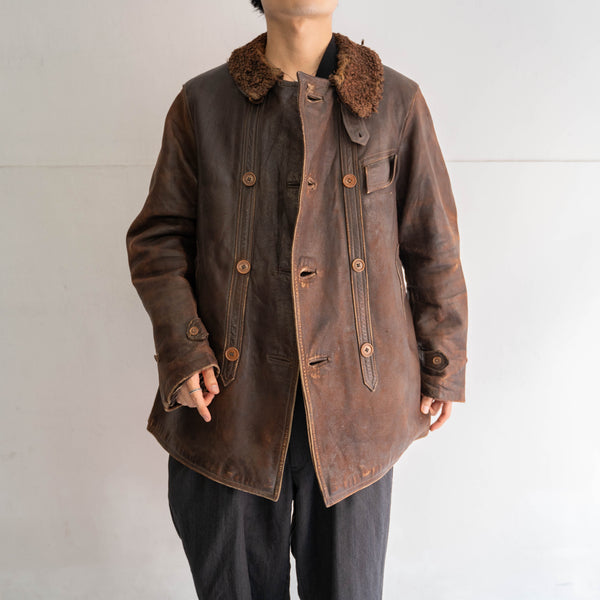 1940s France brown corbusier leather jacket -with fur-