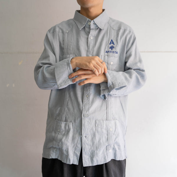 1990s light blue linen cuba l/s shirt -with embroidery-