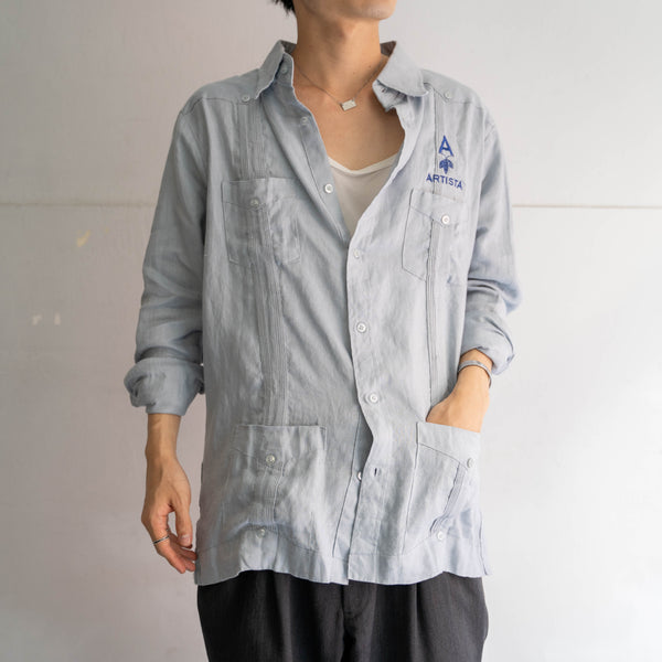 1990s light blue linen cuba l/s shirt -with embroidery-