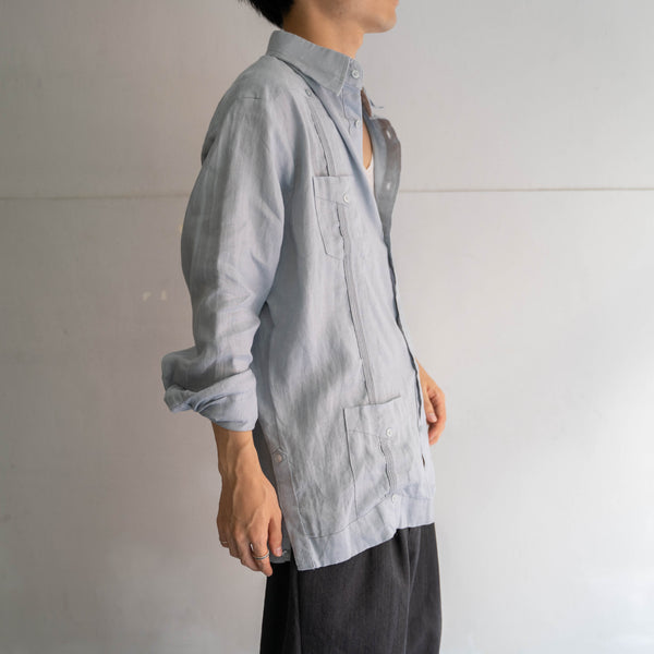 1990s light blue linen cuba l/s shirt -with embroidery-