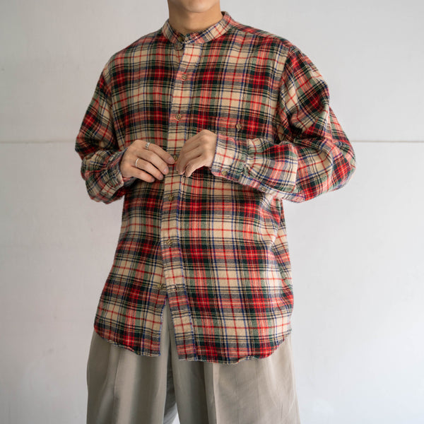 1990s red based multi stripe no collar  l/s shirt