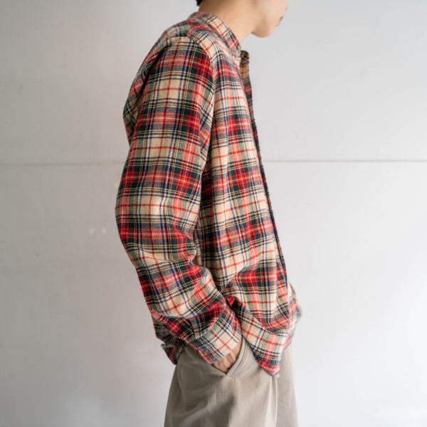 1990s red based multi stripe no collar  l/s shirt