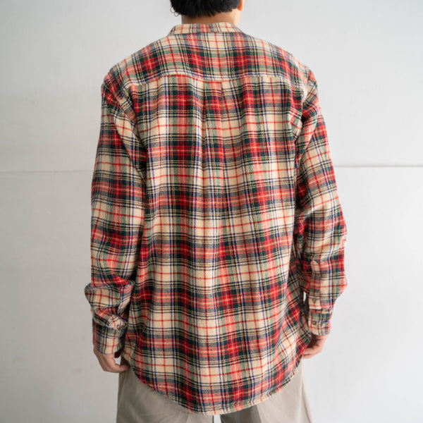 1990s red based multi stripe no collar  l/s shirt