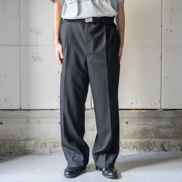 1990s Japan vintage black check wool × poly two tuck slacks