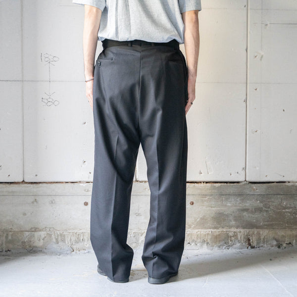 1990s Japan vintage black check wool × poly two tuck slacks