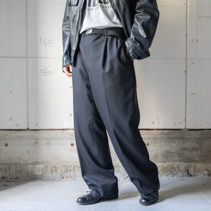 1990s Japan vintage black check wool × poly two tuck slacks