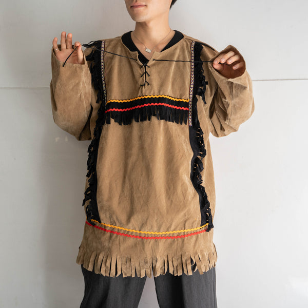 1990-00s brown fake suede ethnic smock jacket -2