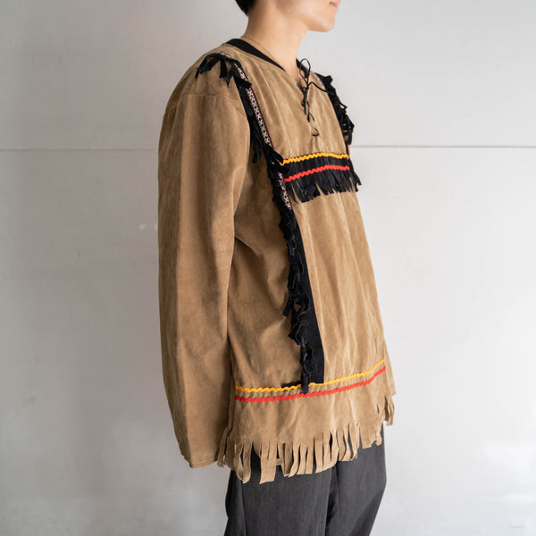 1990-00s brown fake suede ethnic smock jacket -2