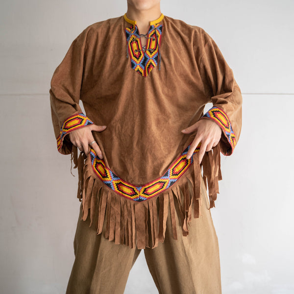 1990-00s brown fake suede ethnic smock jacket -1