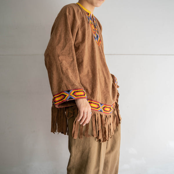 1990-00s brown fake suede ethnic smock jacket -1