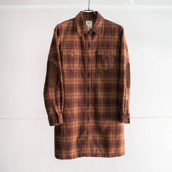 1990-00s "GAP" brown × red checked wool shirt -with elbow patch-
