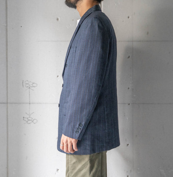 1970-80s Japan vintage navy × blue wool double breasted tailored jacket 'unusual pattern'