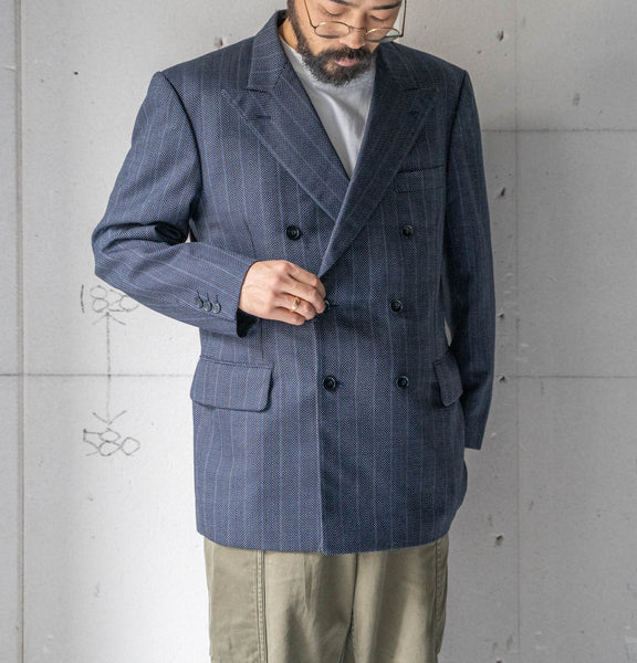 1970-80s Japan vintage navy × blue wool double breasted tailored jacket 'unusual pattern'