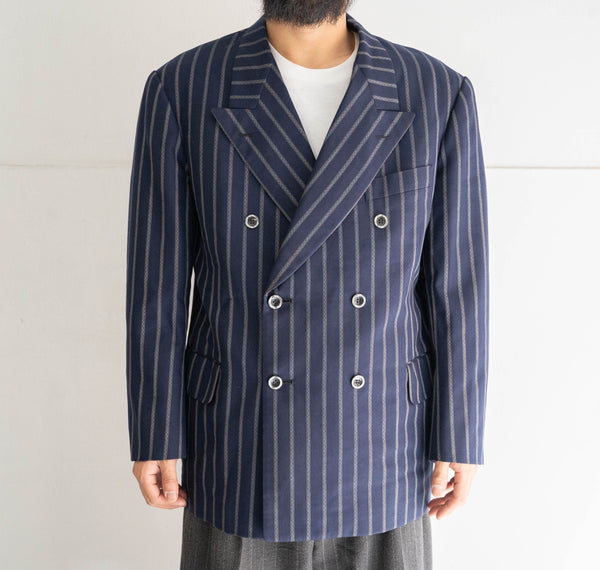 around 1970s Japan vintage navy × gray stripe double breasted tailored jacket