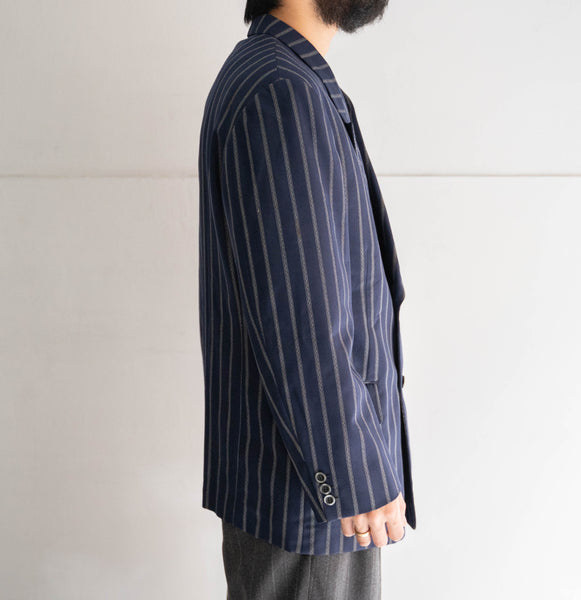 around 1970s Japan vintage navy × gray stripe double breasted tailored jacket