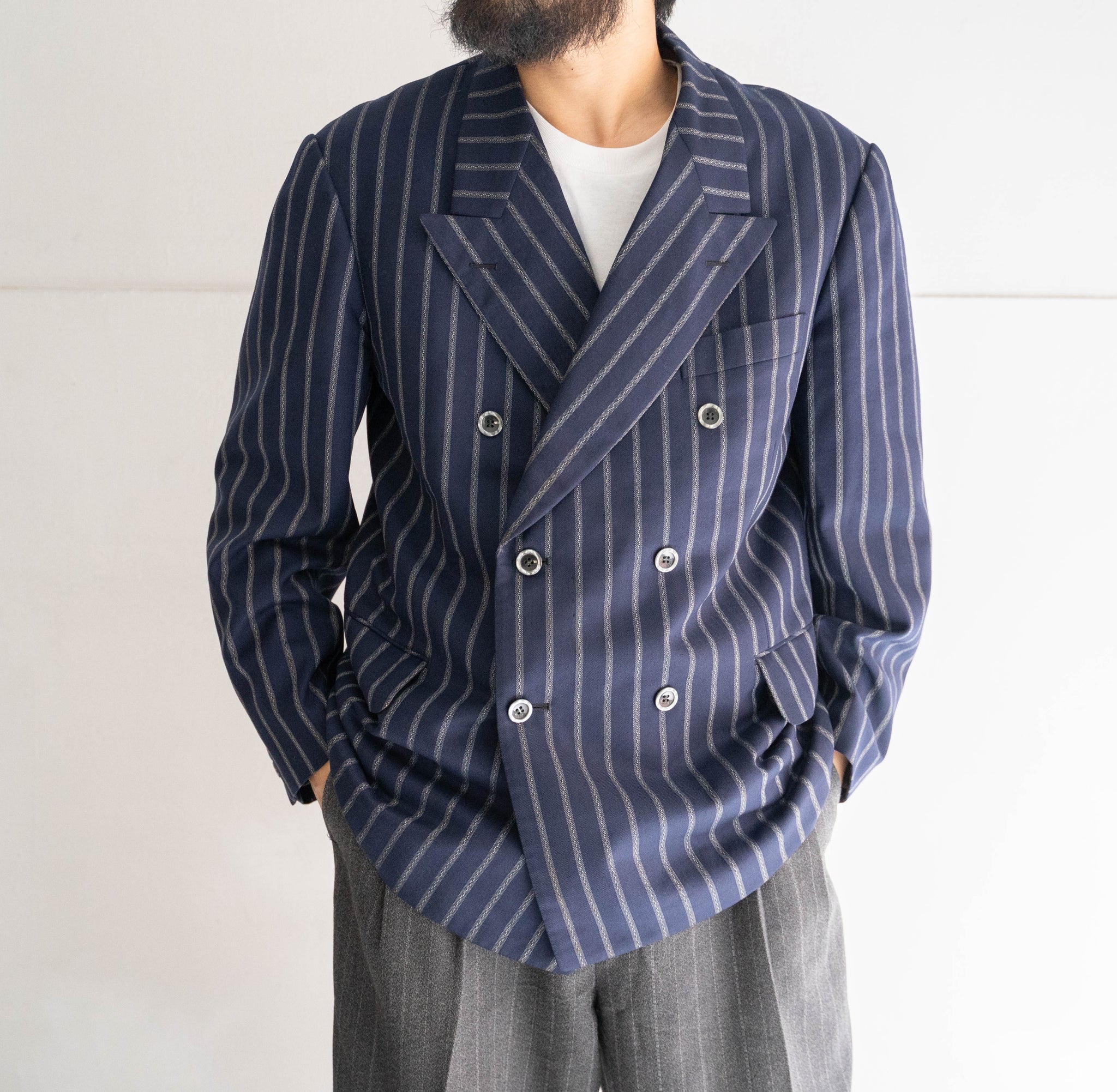 around 1970s Japan vintage navy × gray stripe double breasted tailored jacket