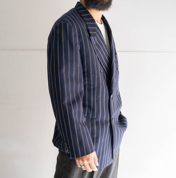 around 1970s Japan vintage navy × gray stripe double breasted tailored jacket