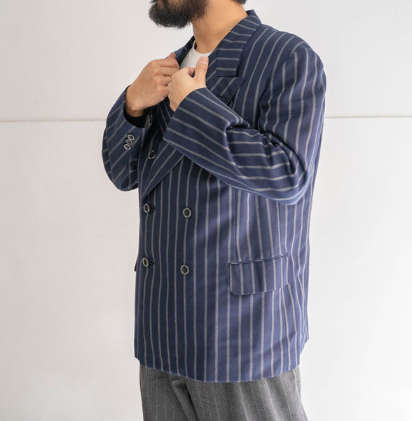 around 1970s Japan vintage navy × gray stripe double breasted tailored jacket