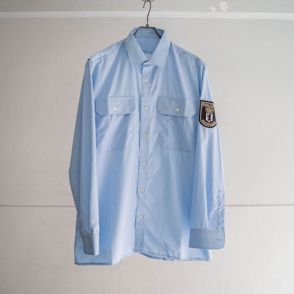 around 1990s German police sky blue color cotton × poly work shirt 'dead stock' -with patch-