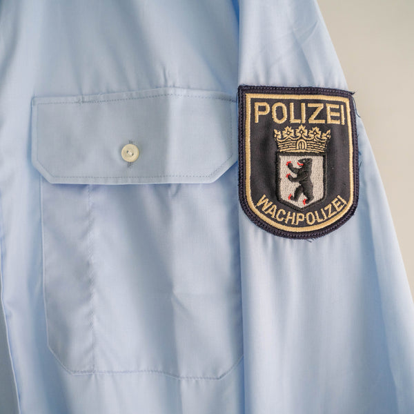 around 1990s German police sky blue color cotton × poly work shirt 'dead stock' -with patch-