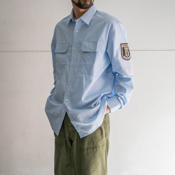 around 1990s German police sky blue color cotton × poly work shirt 'dead stock' -with patch-