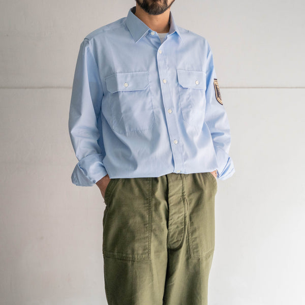 around 1990s German police sky blue color cotton × poly work shirt 'dead stock' -with patch-