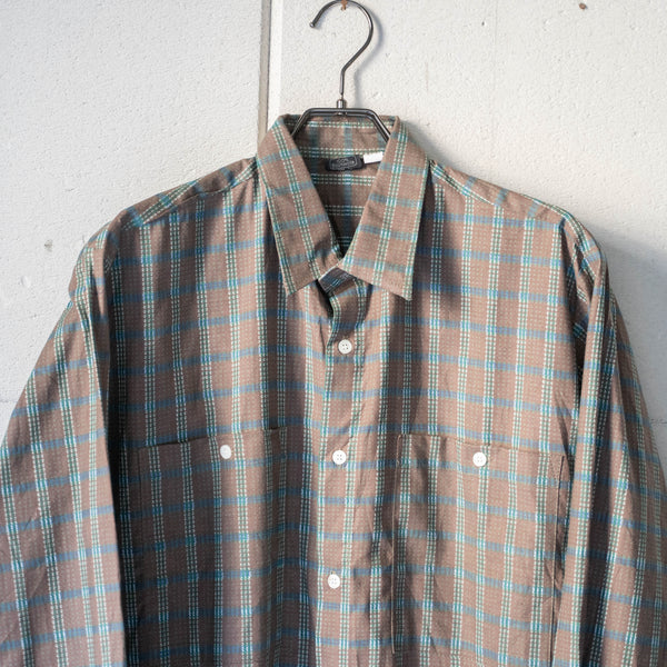 1970-80s Germany brown × blue × green checked cotton shirt "dead stock"
