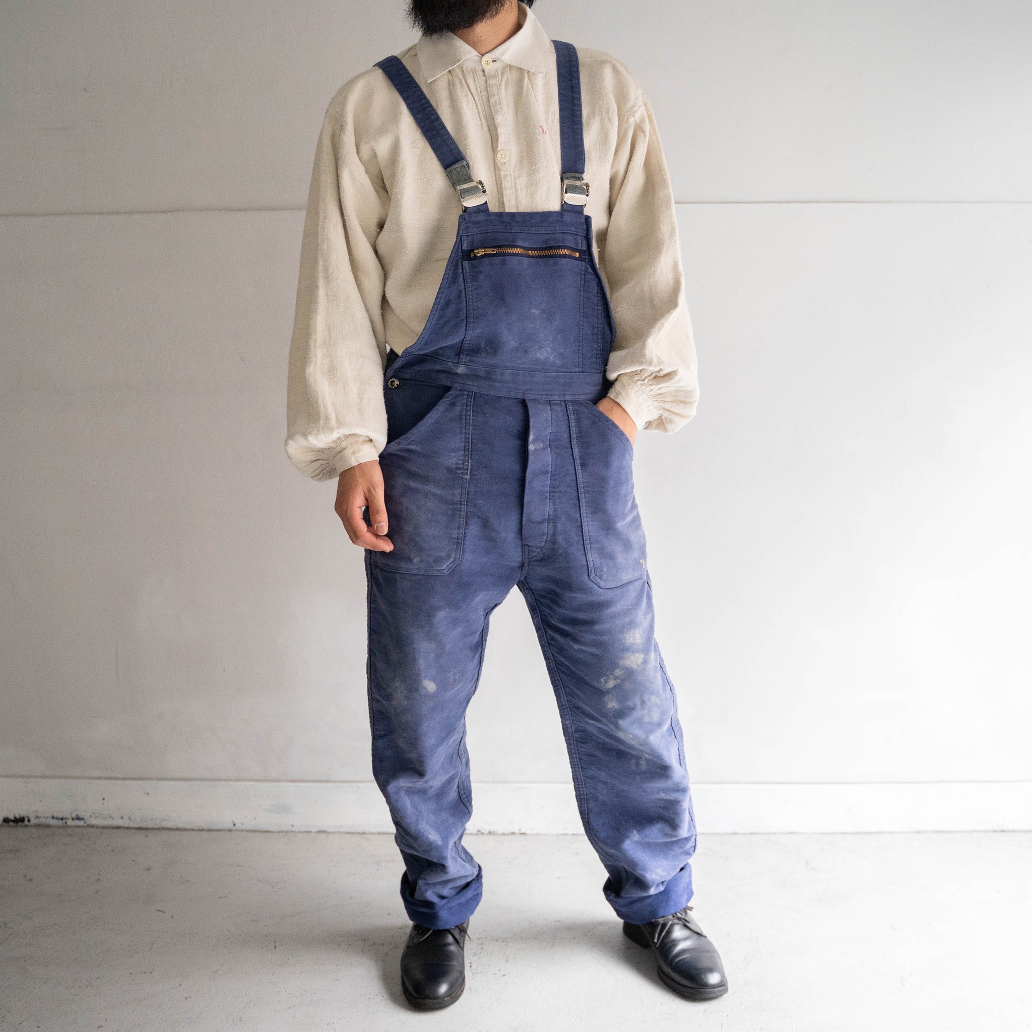 1950-60s blue moleskin work overall -good damage-