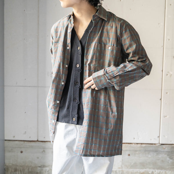 1970-80s Germany brown × blue × green checked cotton shirt "dead stock"