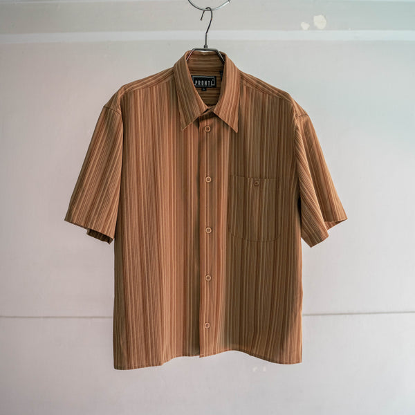 1990s brown stripe poly s/s shirt -remake-