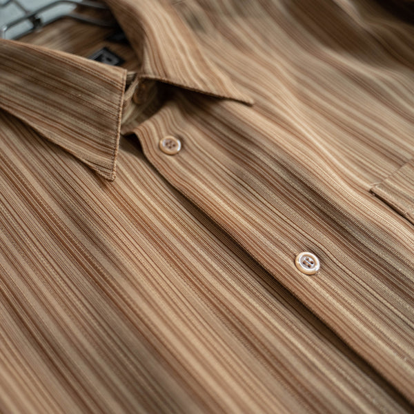 1990s brown stripe poly s/s shirt -remake-