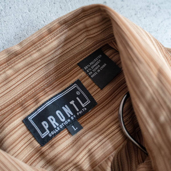 1990s brown stripe poly s/s shirt -remake-