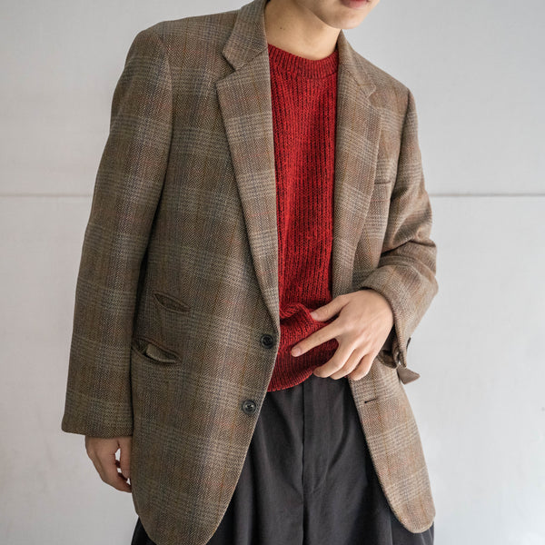 1980s Japan vintage light brown check tweed tailored jacket -with coin pocket-