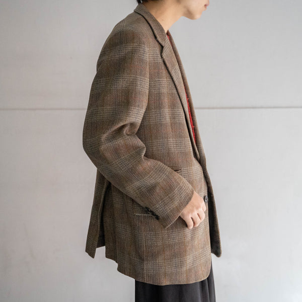 1980s Japan vintage light brown check tweed tailored jacket -with coin pocket-