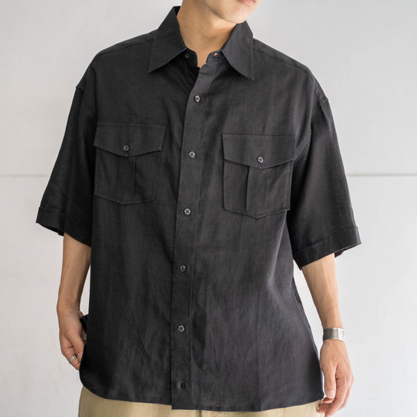 2000s black linen 100 s/s shirt -remake-