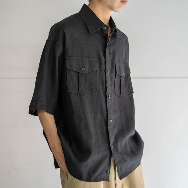 2000s black linen 100 s/s shirt -remake-