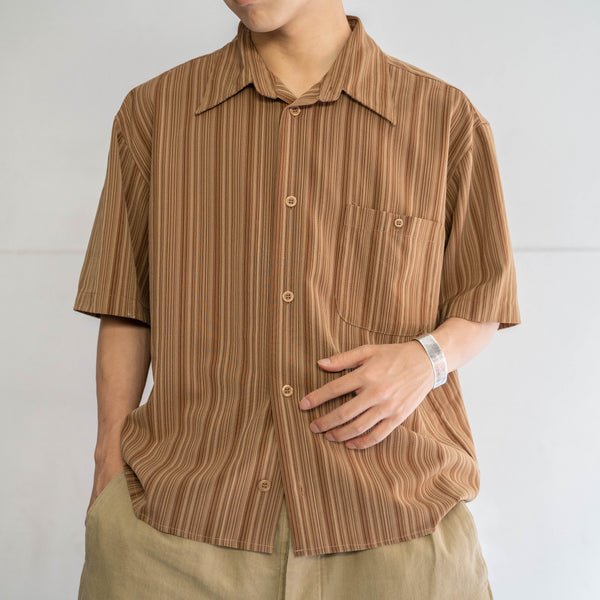 1990s brown stripe poly s/s shirt -remake-