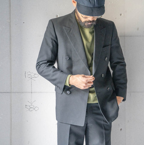 1980s Japan vintage black color poly × wool double breasted tailored jacket