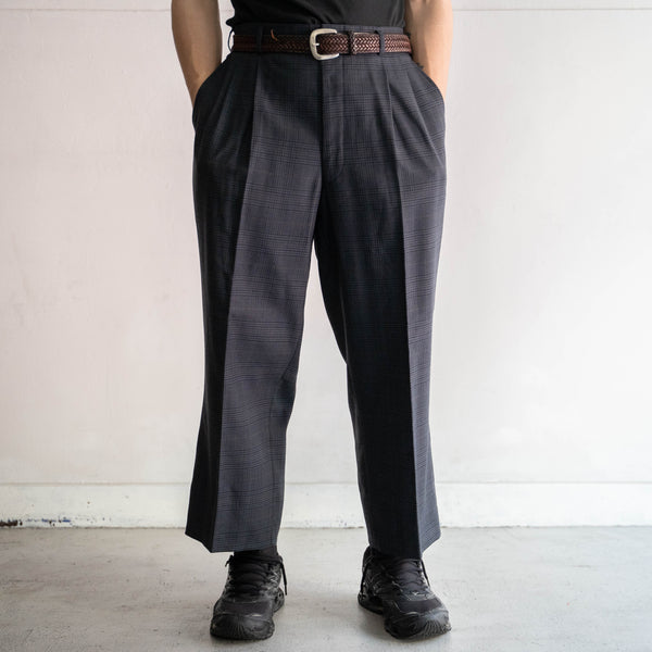 around 1980s Japan vintage dark green checked two tuck slacks