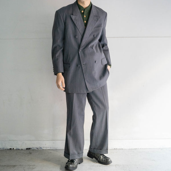 1970s Japan vintage gray blue striped double breasted set up